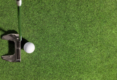 A photo of a putter and golf ball on a putting green