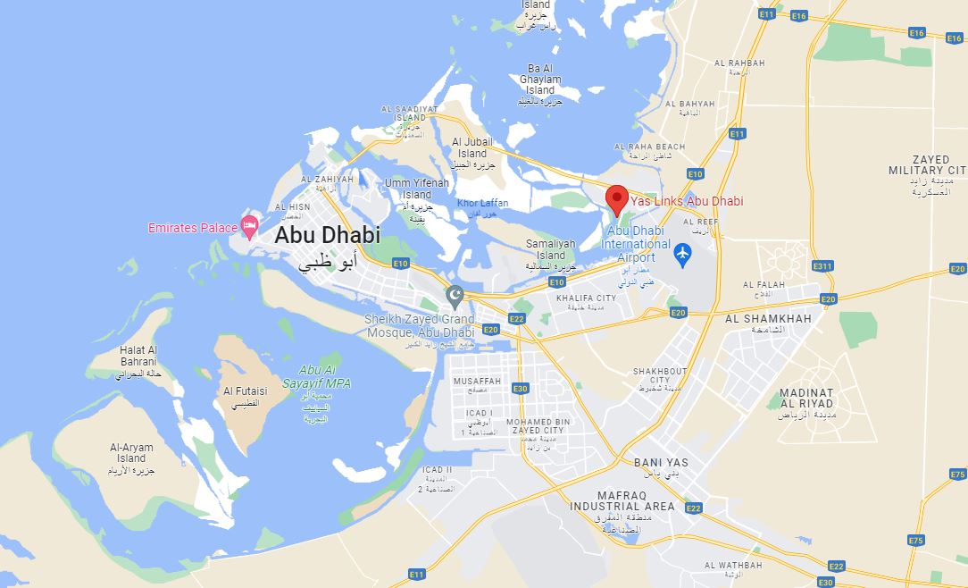 A map showing Yas Links location in Abu Dhabi