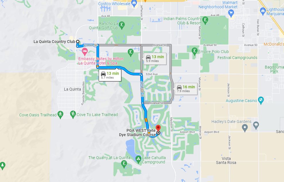 A map of driving La Quinta Country Club to PGA West