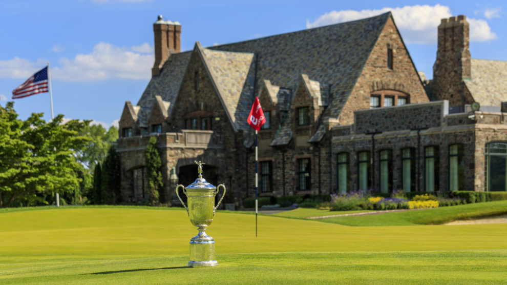 A picture of the US Open trophy outside at Winged Foot Golf Club