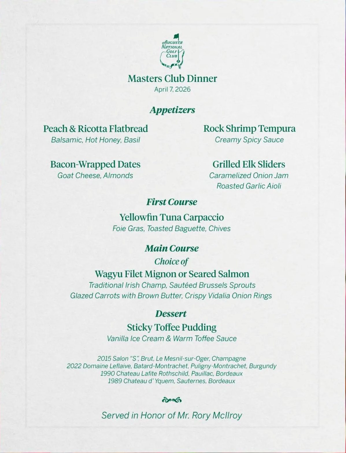 The 2026 Masters Champions dinner menu